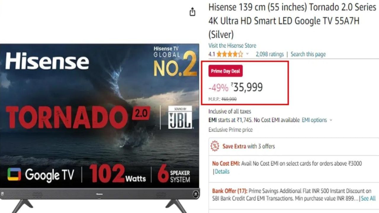 Hisense 55 inch TV under 40000: যদি আপুনি ঘৰ বা অফিচৰ বাবে এটা ডাঙৰ স্ক্ৰীণ টিভি বিচাৰে, তেন্তে আপুনি ৪৯ শতাংশ বাম্পাৰ ডিছকাউণ্টৰ পিছত ৩৫,৯৯৯ টকাত এই 55 ইঞ্চিৰ টিভিটো Amazon sale ত কিনিব পাৰিব। (ফটো- আমাজন)