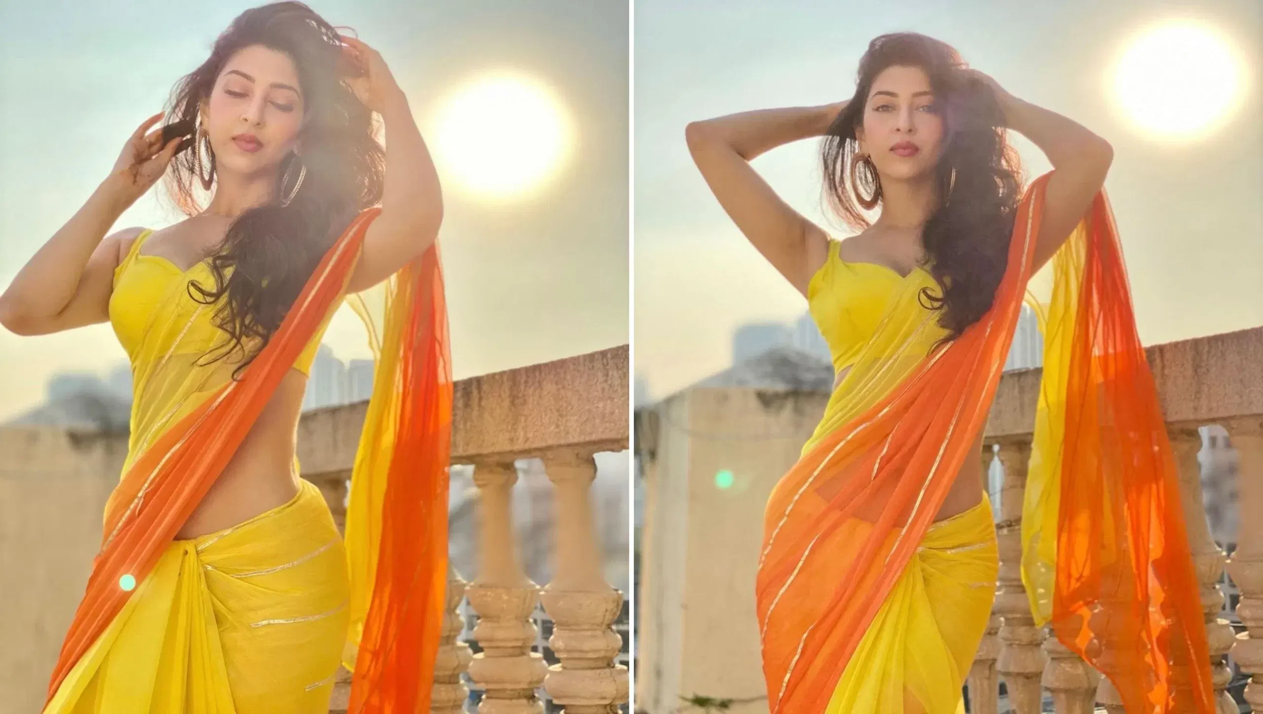 এই হালধীয়া আৰু কমলা ৰঙৰ শাৰীত সোণাৰিকা ভাদৌৰিয়াক আকৰ্ষণীয় দেখাইছে। অভিনেত্ৰীগৰাকীয়ে নিজৰ লুকটো যথেষ্ট সহজ কৰি ৰাখিছে।
