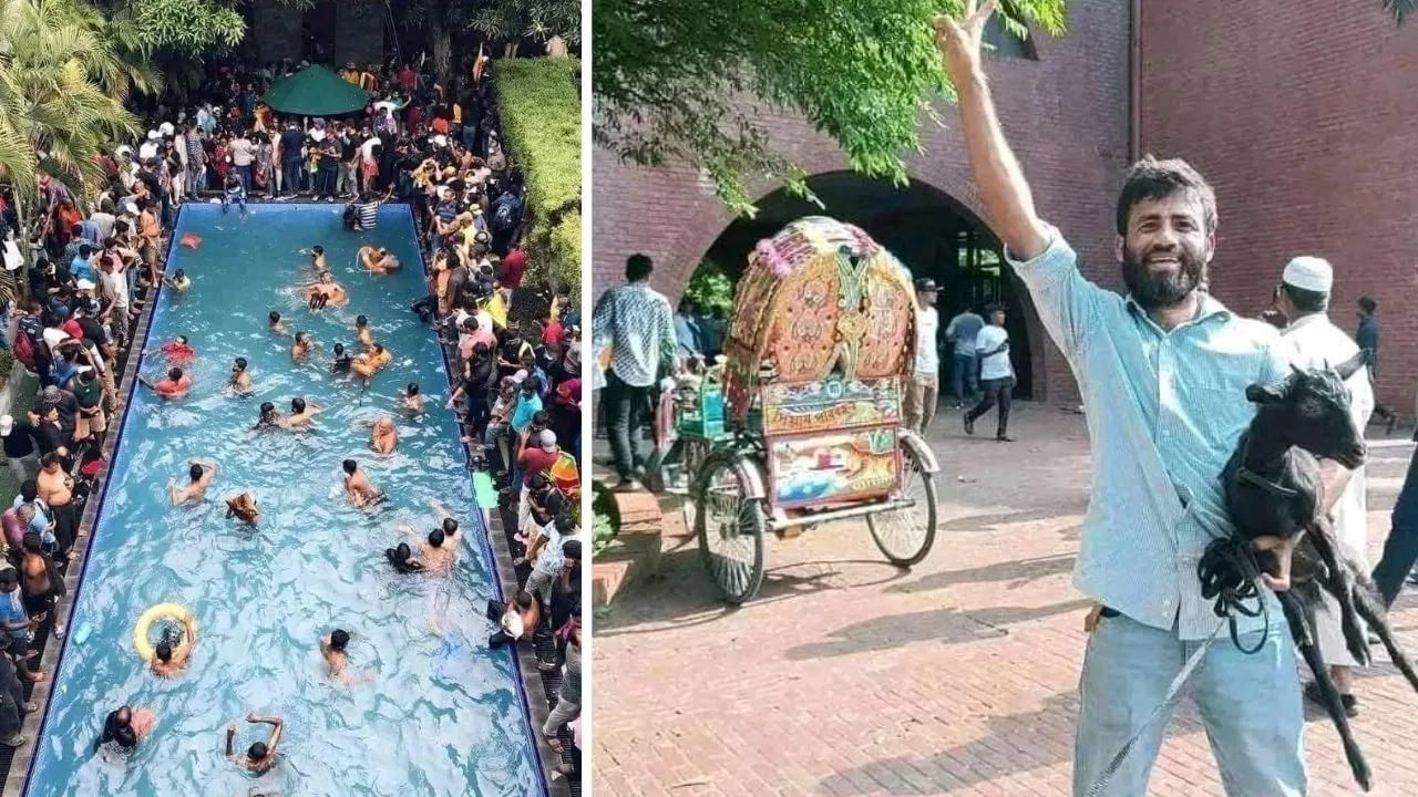 সম্পত্তি লুটপাত কৰাৰ উপৰিও চুইমিং পুলতো প্ৰতিবাদকাৰীৰ বিজয় উল্লাস । হাজাৰ হাজাৰ লোকে চুইমিং পুলত গা ধুই আনন্দ লোৱাৰ দেখা যায় ।