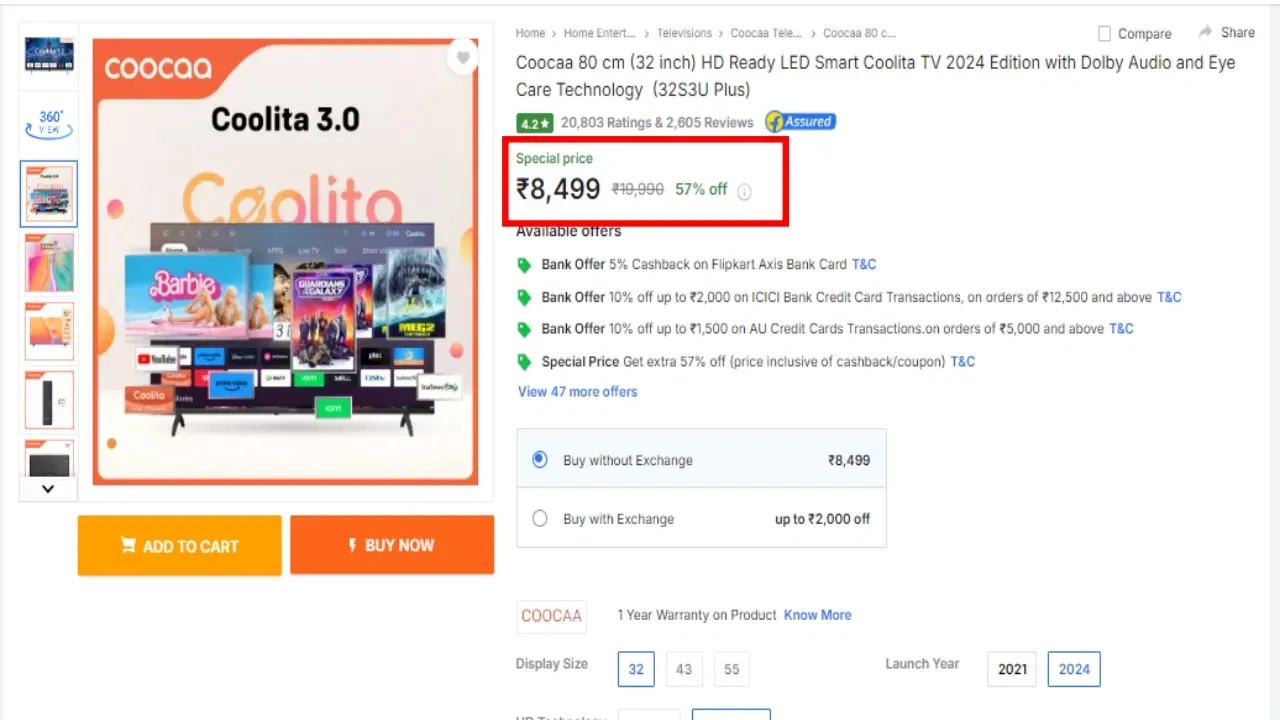 Coocaa 32 inch Smart TV Price: ৮৪৯৯ টকাত অহা এই টিভিটোত আছে ডল্বি অডিঅ’, আই কেয়াৰ টেকন’লজি, Amazon Prime Video, ৩০ ৱাটৰ চাউণ্ড আউটপুট আৰু ৪জিবি ষ্ট’ৰেজ।