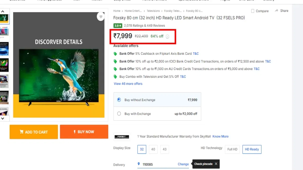 Foxsky 32 inch Android TV: ফুল এইচডি ৰিজ’লিউচন আৰু ৩২ ইঞ্চি স্ক্ৰীণ চাইজৰ এই টিভিটোত আছে নেটফ্লিক্স, Amazon Prime Video, Zee5, ডল্বি ভিজন, ছুপাৰ ব্ৰাইট ডিছপ্লে আৰু ৩০ ৱাটৰ শব্দ আউটপুট। এই টিভিৰ দাম ৭,৯৯৯ টকা।