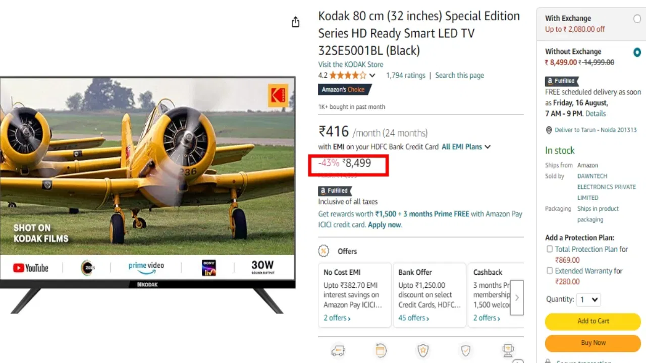 KODAK 32 inch TV Price:  ৩০ ৱাটৰ শব্দ উৎপাদনযুক্ত এই টিভিৰ মূল্য ৮,৪৯৯ টকা। এই টিভিটো Amazon Prime Video, Zee5, Sony Liv, বহুতো কানেক্টিভিটি অপচন আৰু বেজেল-লেছ ডিজাইনৰ সৈতে উপলব্ধ হ’ব।