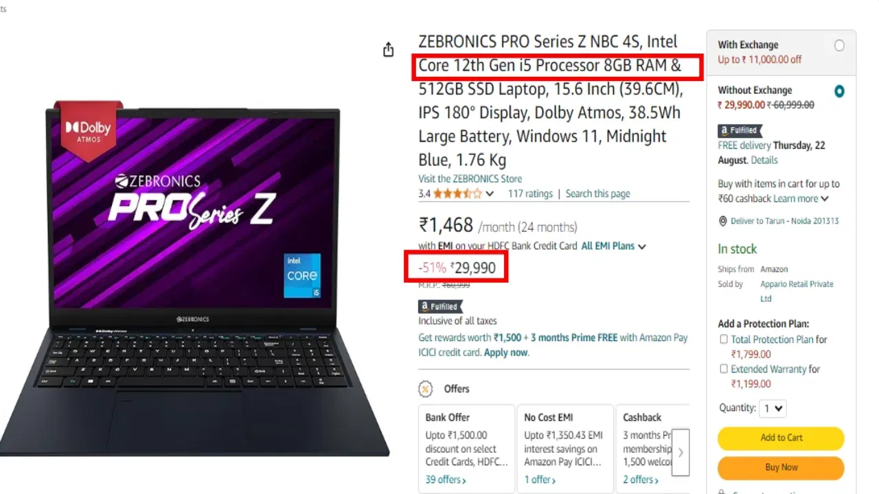 Zebronics Pro Series: এই লেপটপৰ দাম ২৯ হাজাৰ ৯৯০ টকা। আপুনি এই লেপটপটো ই-কমাৰ্চ প্লেটফৰ্ম আমাজনৰ পৰা ক্ৰয় কৰিব পাৰে