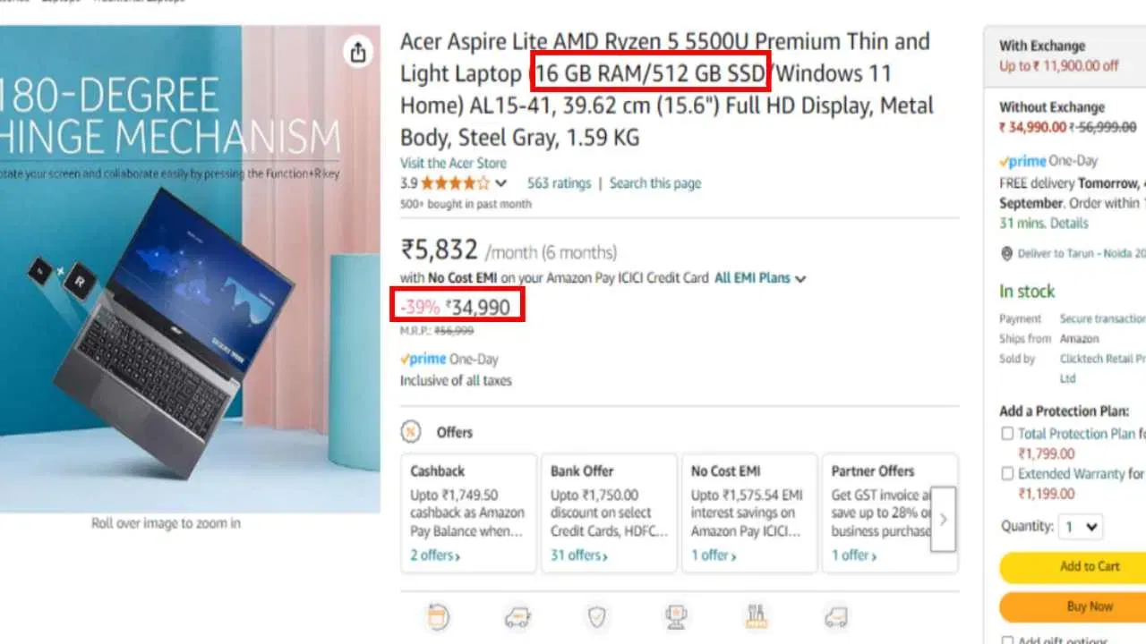 Acer Aspire Lite Price: বিক্ৰীৰ সময়ত এই Acer লেপটপটো ৩৯ শতাংশ ৰেহাইৰ পিছত ৩৪,৯৯০ টকা (MRP ৫৬,৯৯৯ টকা)ত বিক্ৰী কৰা হৈছে।