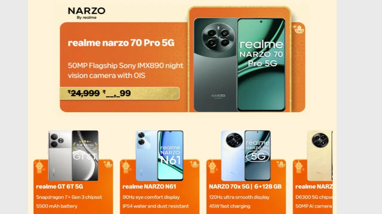 Realme Smartphones: বিক্ৰীৰ সময়ত Realme Narzo 70 Pro 5G, Realme GT 6T 5G, Narzo N61, Narzo 70X 5G আৰু Narzo N65 5G কে ধৰি অন্যান্য মোবাইলসমূহ সস্তাত পাব।