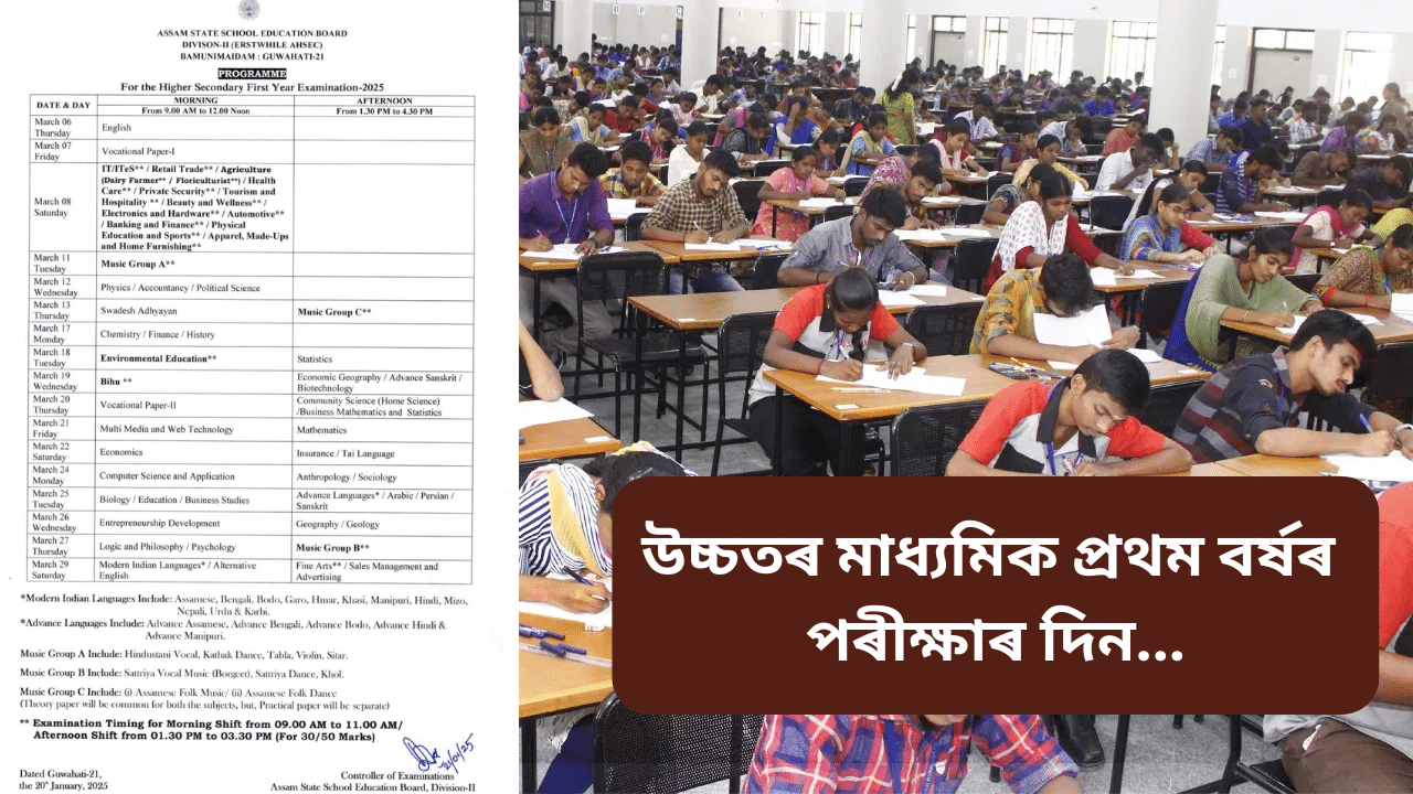 উচ্চতৰ মাধ্যমিক প্ৰথম বৰ্ষৰ পৰীক্ষাৰ দিন ঘোষণা, জানক কোন দিনা আছে কি বিষয়ৰ পৰীক্ষা...