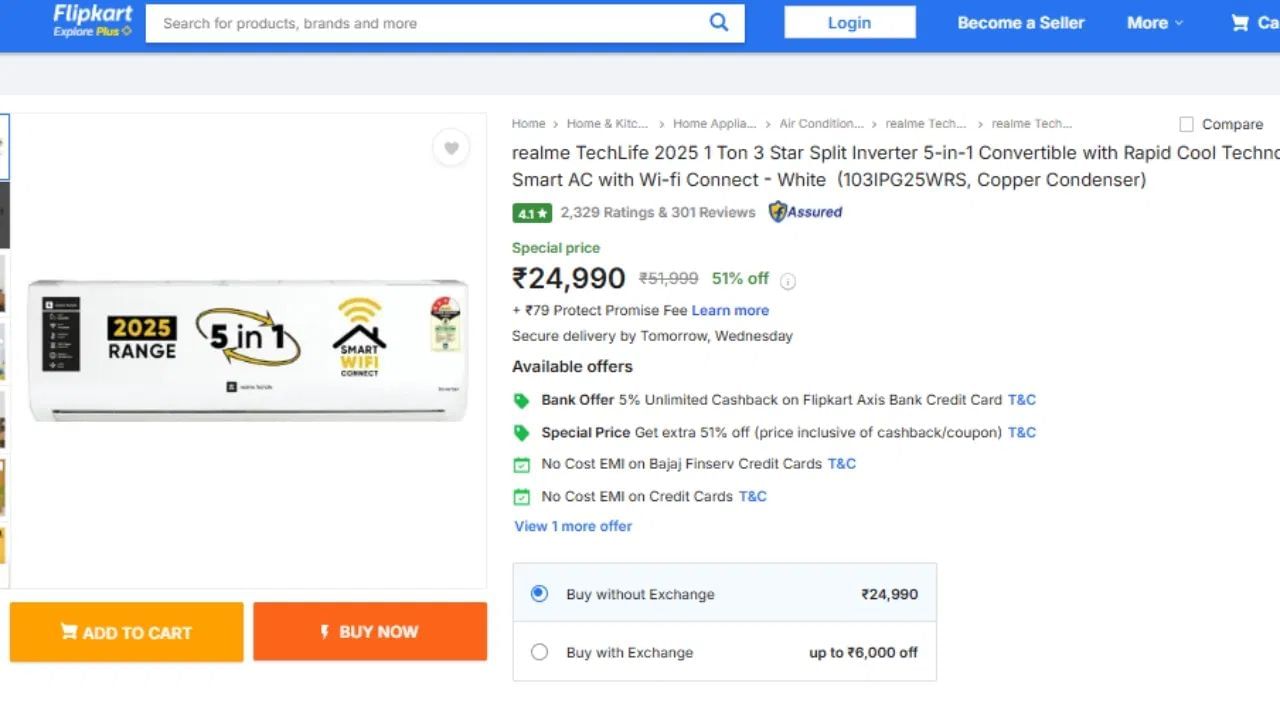 Realme 1 Ton AC: ৫১ শতাংশ ৰেহাইৰ পিছত ২৪,৯৯০ টকাত এই ১ টন ৩ ষ্টাৰ ৰেটিং AC টো ক্ৰয় কৰিব পাৰিব । এই মডেলৰ সৈতে কোম্পানীয়ে ১০ বছৰৰ কম্প্ৰেছাৰ আৰু ১ বছৰৰ প্ৰডাক্ট ৱাৰেণ্টী দিব। (Photo:Flipkart)