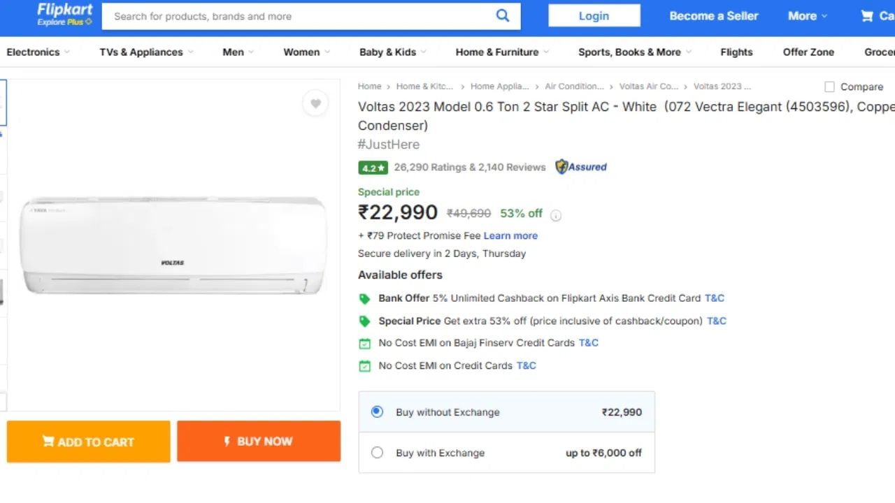Voltas Split AC: এই এচিটো ৯০ বৰ্গফুটতকৈ সৰু কোঠাৰ বাবে উপযোগী। এই ০.৬ টন ২ ষ্টাৰ ৰেটিং এচিটো ৫৩ শতাংশ ৰেহাইৰ পিছত ২২,৯৯০ টকাত ফ্লিপকাৰ্টত উপলব্ধ। ১০ বছৰৰ কম্প্ৰেছাৰ আৰু ১ বছৰৰ ৱাৰেণ্টীও প্ৰদান কৰা হৈছে। (Photo:Flipkart)