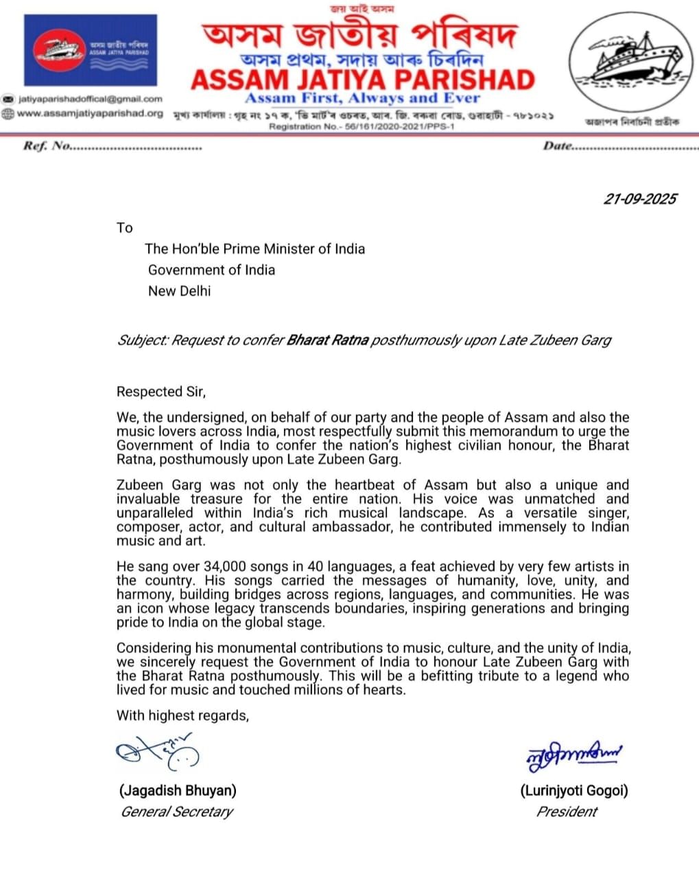 Ajp Request To Confer Bharat Ratna Posthumously Upon Late Zubeen Garg