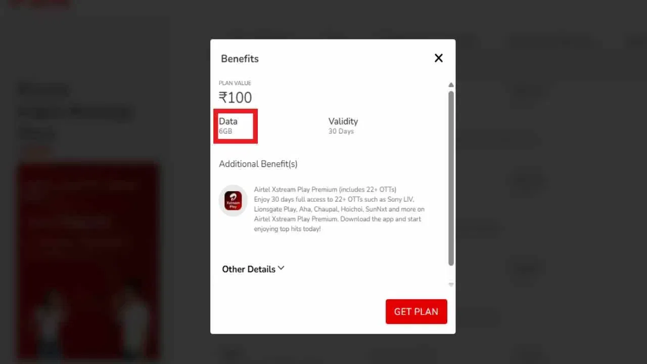 Airtel 100 Plan: পূৰ্বে এই প্লেনৰ সৈতে প্ৰিপেইড ব্যৱহাৰকাৰীয়ে ৫জিবি হাইস্পীড ডাটা লাভ কৰিছিল যদিও এতিয়া এই পৰিৱৰ্তনৰ লগে লগে এই প্লেনৰ সৈতে ৬জিবি হাইস্পীড ডাটা লাভ কৰিব। অৰ্থাৎ আপুনি ১GB অতিৰিক্ত ডাটা পাব। (ফটো: Airtel.in)