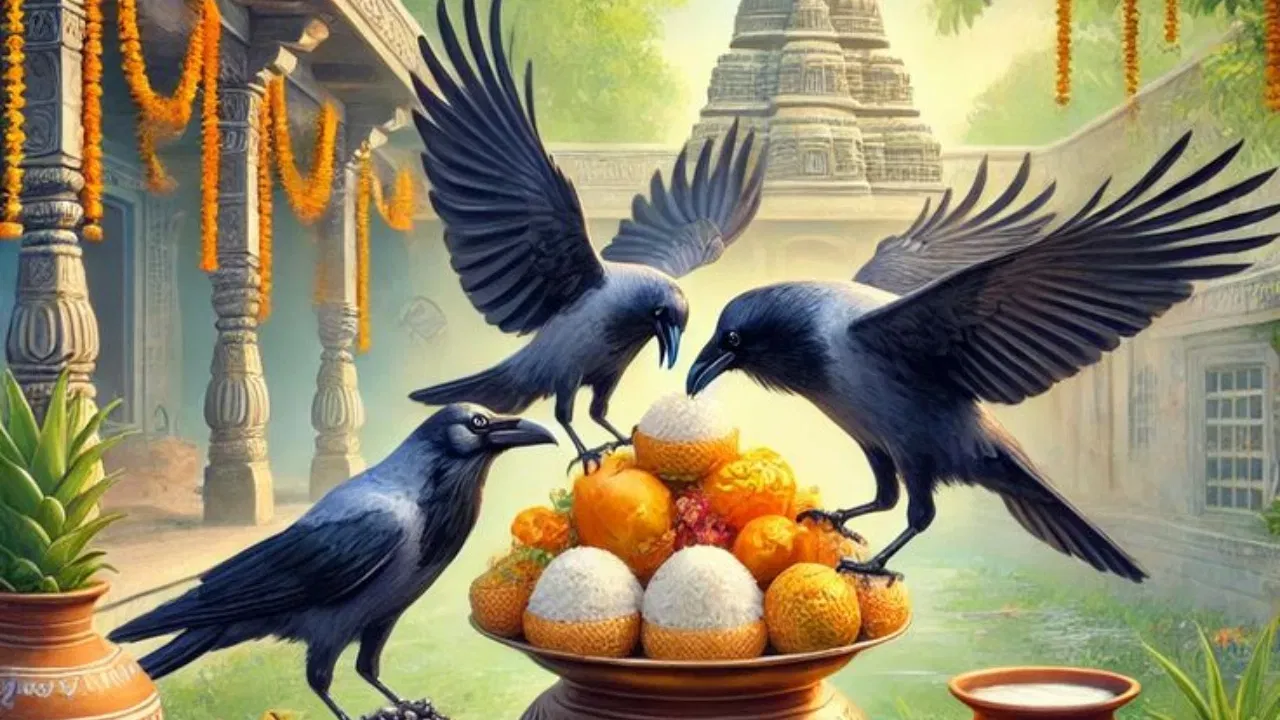 কাউৰীক যমৰাজৰ দূত বুলি গণ্য কৰা হয় আৰু কাউৰীক খুৱালে পূৰ্বপুৰুষক সন্তুষ্ট হয় আৰু তেওঁলোকৰ আত্মা তৃপ্ত হয়। এটা পৌৰাণিক কাহিনী আছে যে পূৰ্বপুৰুষসকলে তেওঁলোকৰ খাদ্য কাউৰীৰ ৰূপত লয় আৰু এই খাদ্য তেওঁলোকৰ শ্ৰাদ্ধ কৰ্মৰ এক গুৰুত্বপূৰ্ণ অংশ।