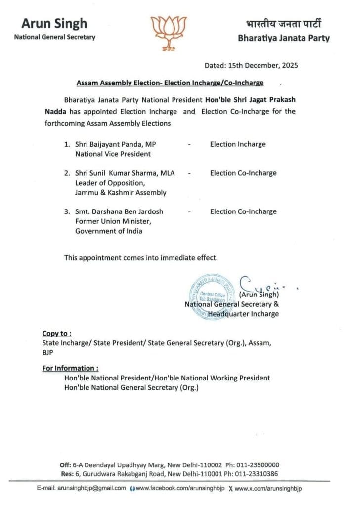 Bjp Election Incharge For Assam