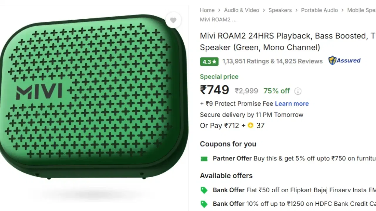 Mivi ROAM 2 আকৰ্ষণীয় বেটাৰী আৰু শব্দৰ বাবে ভাল। ইয়াত ২৪ ঘণ্টাৰ বেটাৰী লাইফ, বেছ বুষ্টেড প্ৰযুক্তি, আৰু ১০ মিটাৰ পৰ্যন্ত ৰেঞ্জ আছে। ইয়াৰ উপৰিও ইয়াত পানী আৰু ধূলি প্ৰতিৰোধৰ বাবে IPX67 ৰেটিং আছে। ইয়াৰ মূল্য ৭৫৯। (Image-Flipkart)