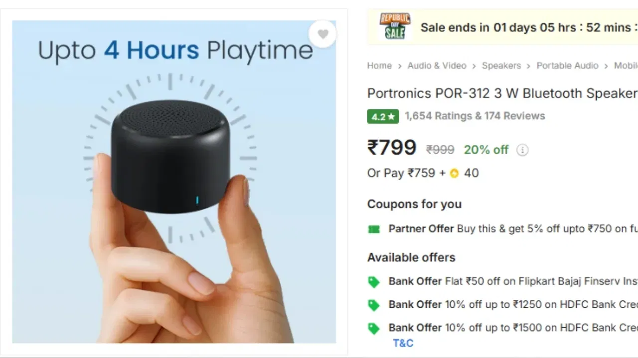 Portronics POR-312 ৰ অনন্য বৈশিষ্ট্য হৈছে ইয়াৰ কমপেক্ট ডিজাইন, যাৰ ফলত ইয়াক পকেটত সহজে ফিট কৰিব পৰা যায়। ই এটা শক্তিশালী 3W শব্দ আউটপুটৰ সৈতে গৌৰৱ কৰে আৰু ব্লুটুথ 5.0 সমৰ্থন কৰে। কোম্পানীটোৰ মতে, স্পীকাৰটোৱে এটা চাৰ্জত প্ৰায় ৪ ঘণ্টাৰ বেটাৰী লাইফ প্ৰদান কৰে। ডিজাইনৰ ফালৰ পৰা স্পীকাৰটো দুটা আকৰ্ষণীয় ৰঙৰ বিকল্পত পোৱা যায় আৰু ইয়াৰ মূল্য ৭৯৯ টকা। (Image: Flipkart)