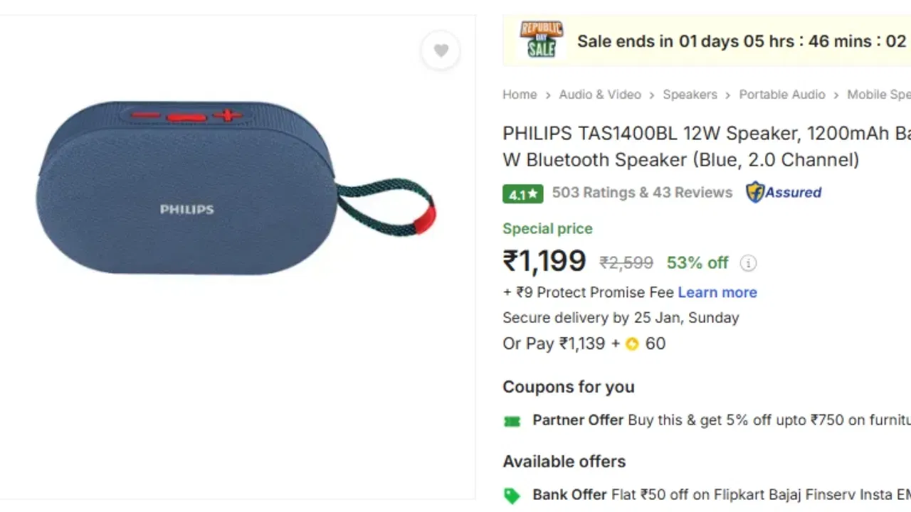 PHILIPS TAS1400BL: এই স্পীকাৰৰ দাম ১,১৯৯ টকা, কিন্তু ইয়াৰ মূল্য ২০০ টকা বেছি। ইয়াত 12W স্পীকাৰ আৰু 1200mAh বেটাৰী আছে যিয়ে ১০ ঘণ্টা প্লেবেকৰ প্ৰতিশ্ৰুতি দিয়ে। ইয়াৰ উপৰিও ই BT 5.3 সমৰ্থন কৰে আৰু ইয়াত 2.0 চেনেল আছে। (চিত্ৰ-Flipkart)